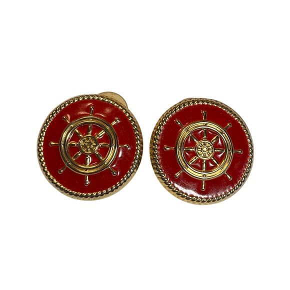 Vintage Nautical Ship Wheel Pierced Earrings Maritime Statement Jewelry - Picture 2 of 5